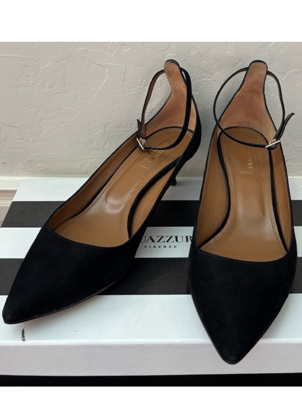 Aquazzura Kisha Black Suede Pointed-Toe Slingback Kitten Pumps - 37.5/7.5
